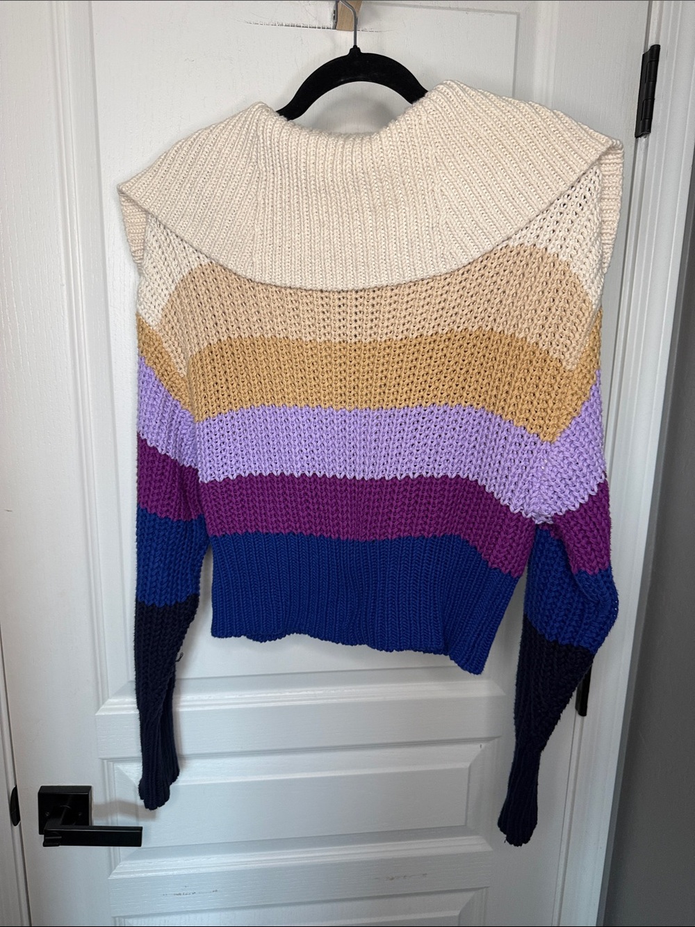 aerie Zip-Front Cropped Striped Sweater in Cream, Tan, Purple, Blue - Picture 9 of 9